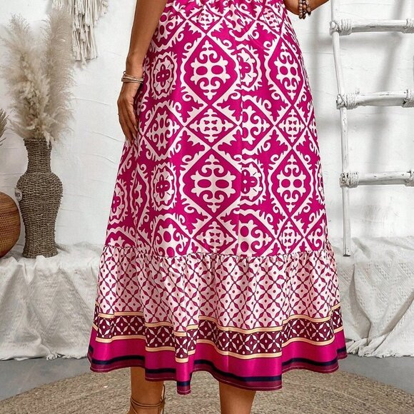 Hot Pink Boho Women's Colorblock Floral Print Ruffle Hem Skirt Maxi Outfit - Picture 2 of 8